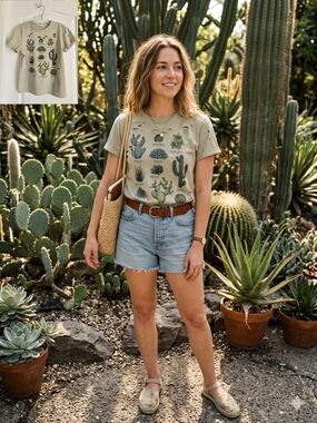 EUC Love Peace & Lazy Days Women’s Sage Green Cactus Graphic  Tee, Size Small